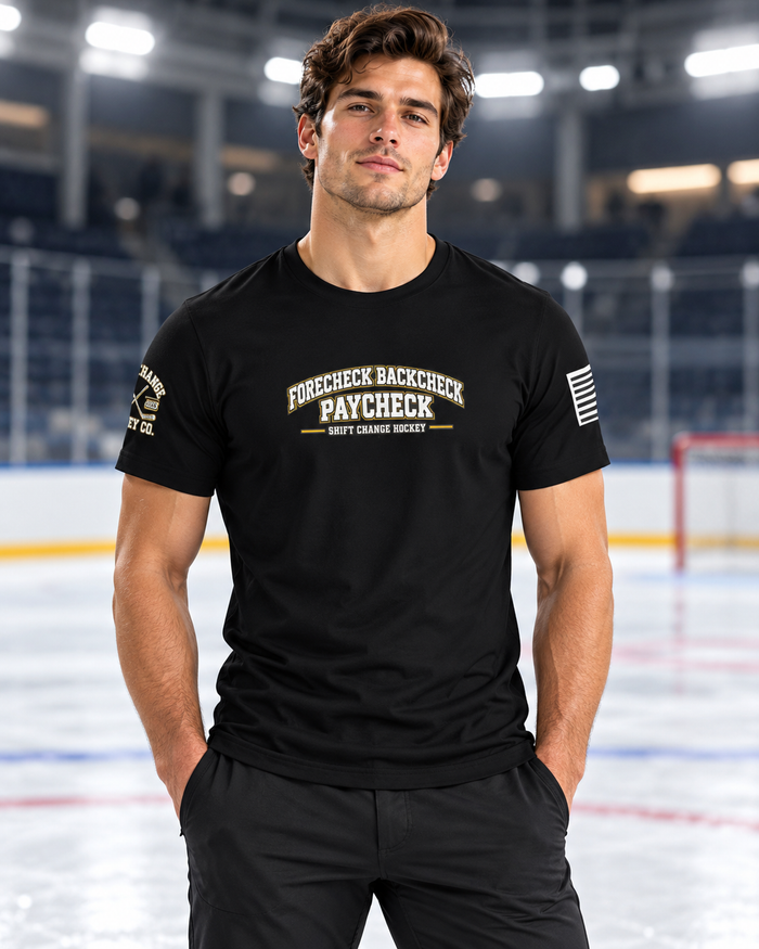 Forecheck. Backcheck. Paycheck. Adult T-shirt