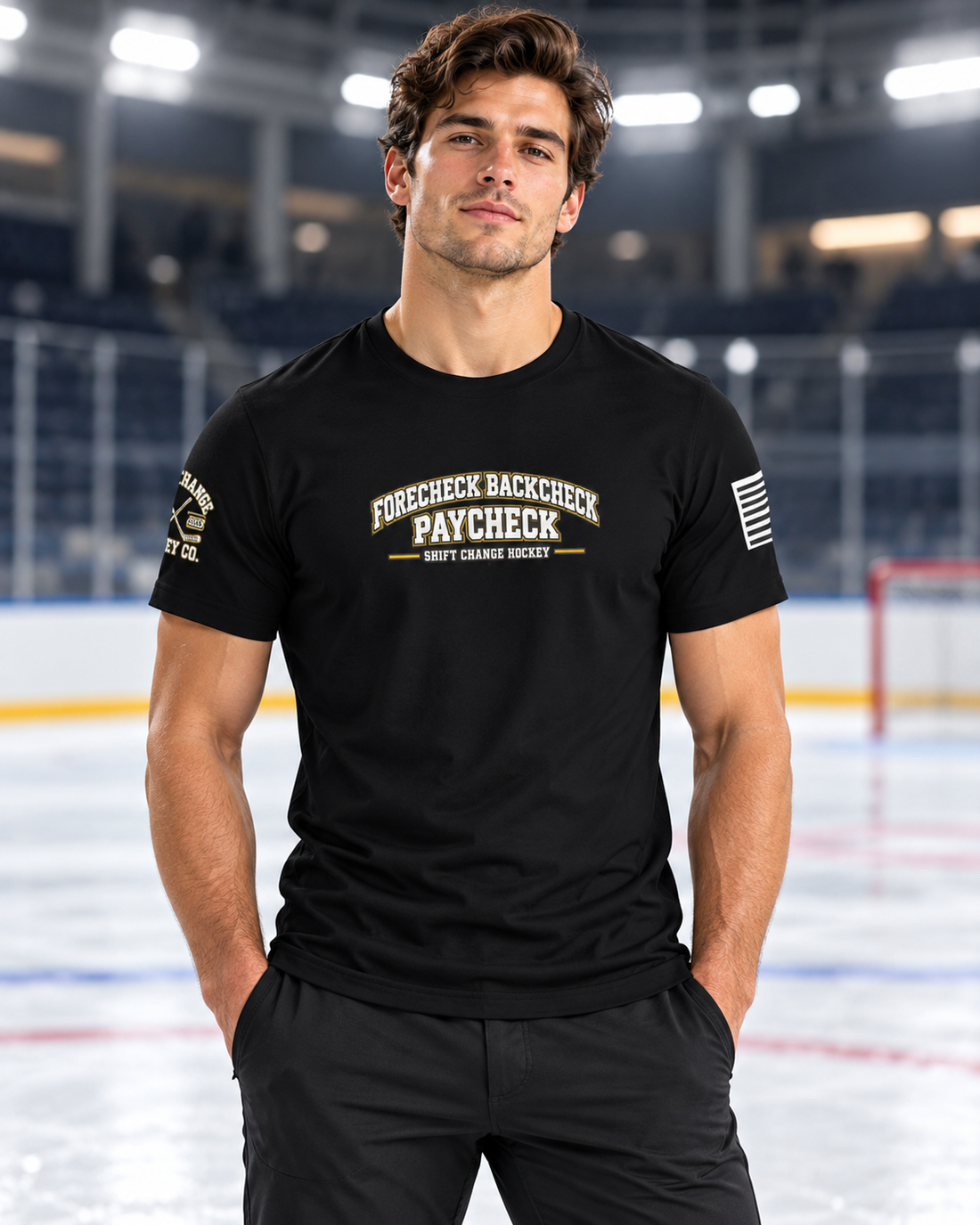 Forecheck. Backcheck. Paycheck. Adult T-shirt